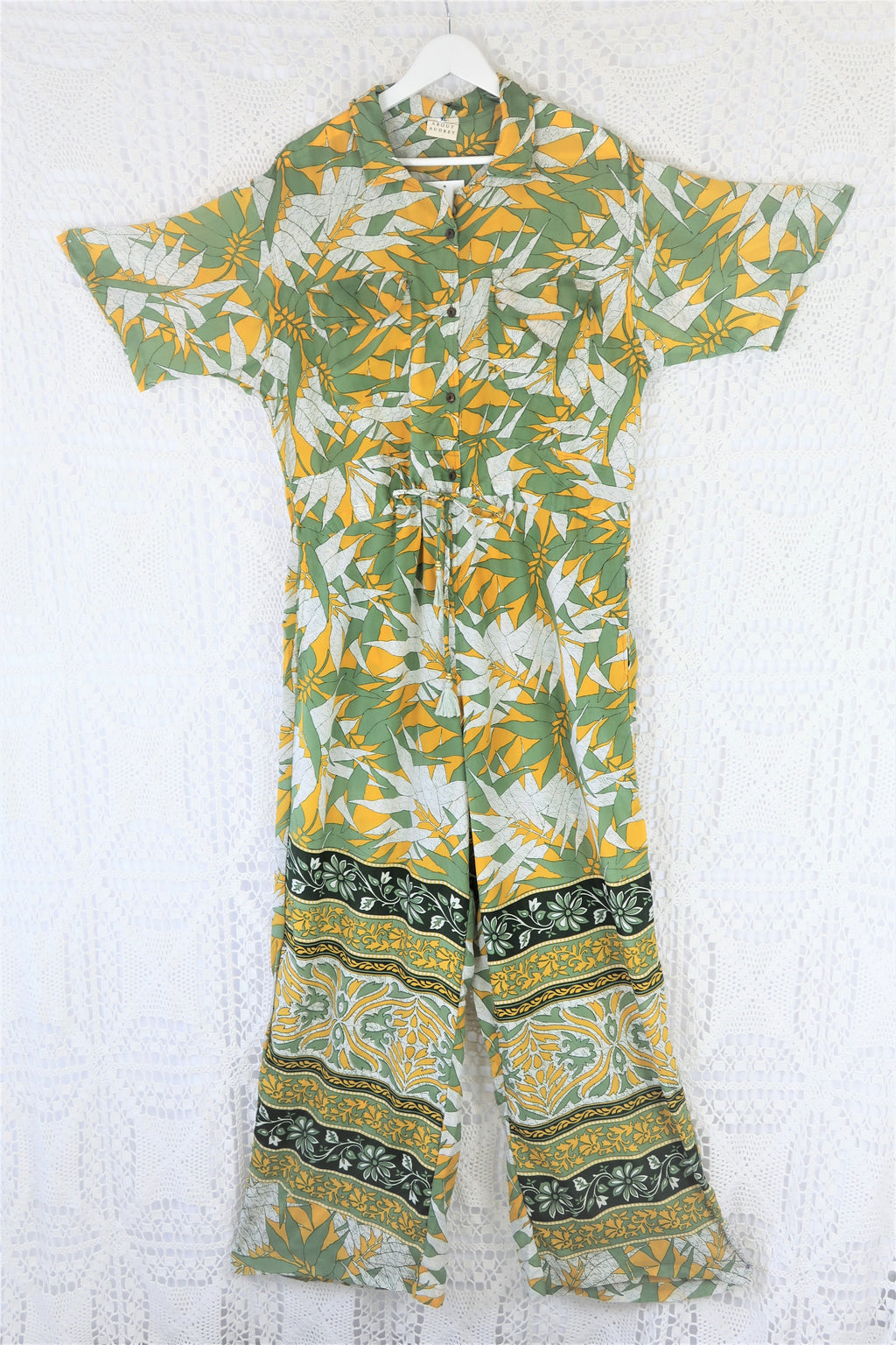 Billie Jumpsuit - Vintage Indian Sari - Pineapple & Sage Fern Block Print - XL