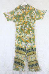 Billie Jumpsuit - Vintage Indian Sari - Pineapple & Sage Fern Block Print - XL