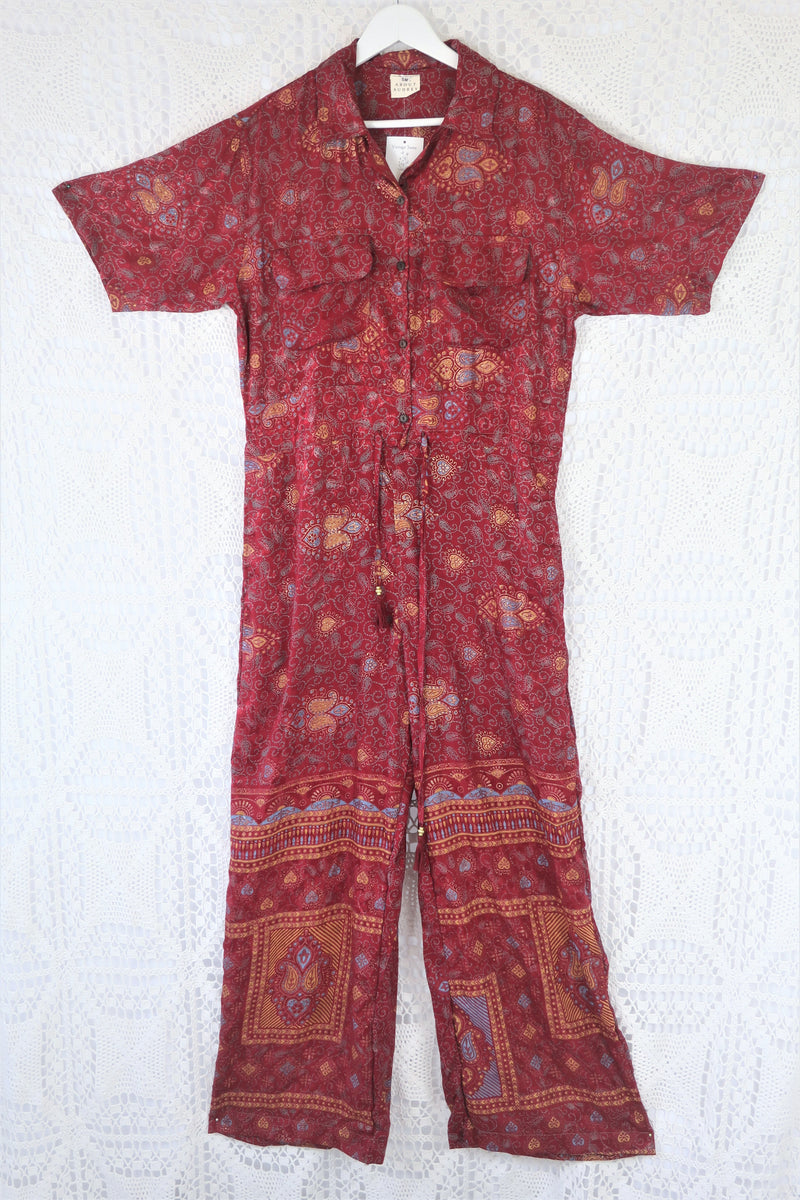 Billie Jumpsuit - Vintage Indian Sari - Sparkling Ruby, Steel & Gold Paisley - S/M