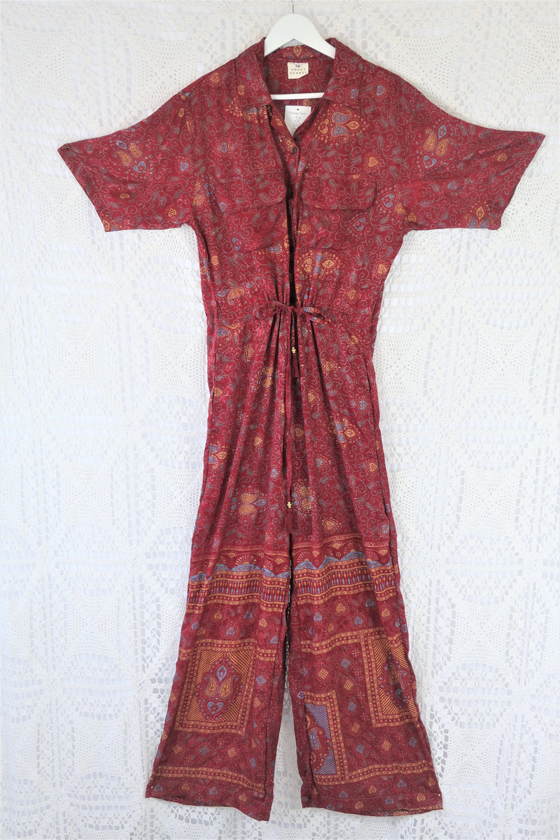 Billie Jumpsuit - Vintage Indian Sari - Sparkling Ruby, Steel & Gold Paisley - S/M