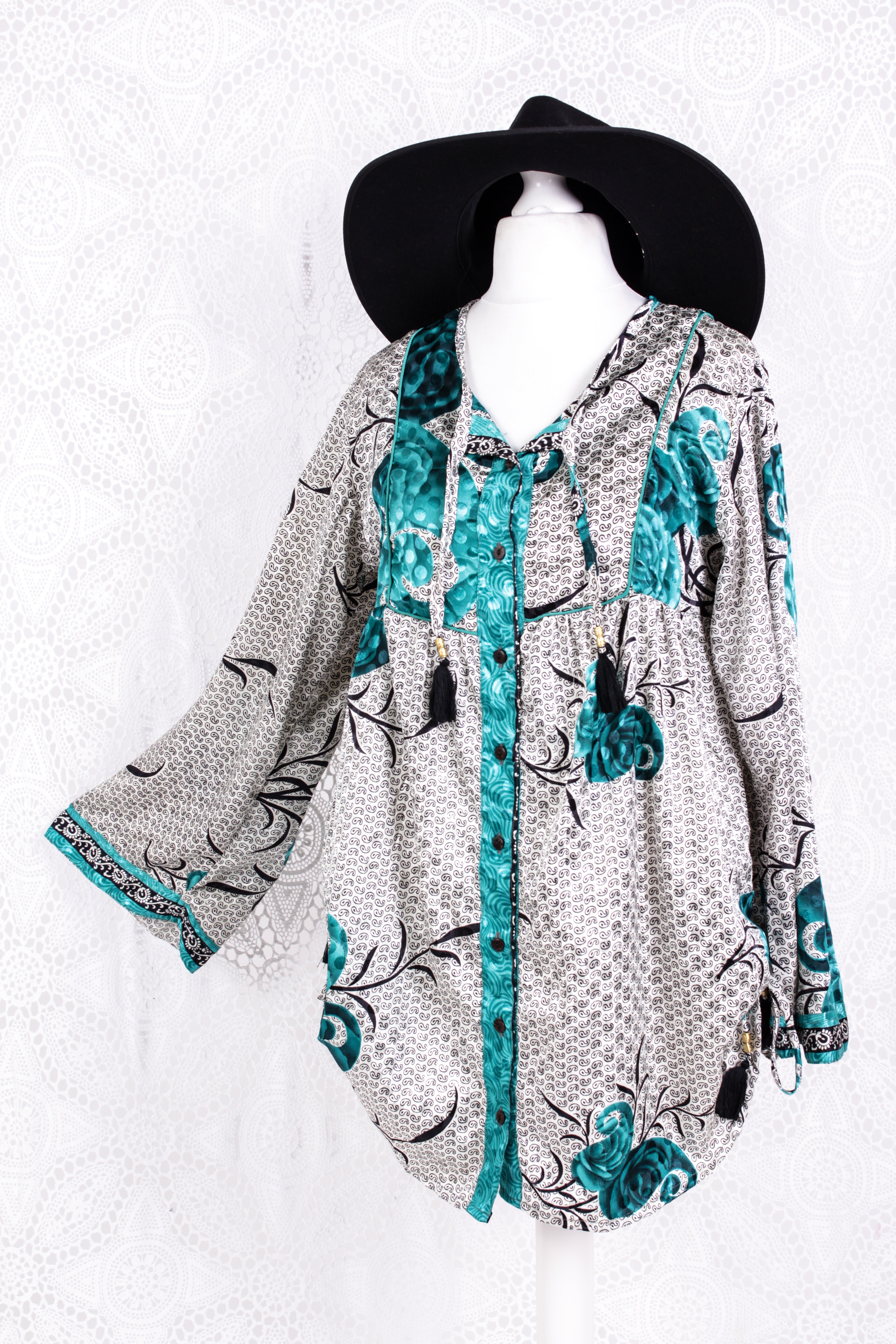 Jude Tunic Top - Vintage Indian Sari - White Teal & Jet Roses (S/M)