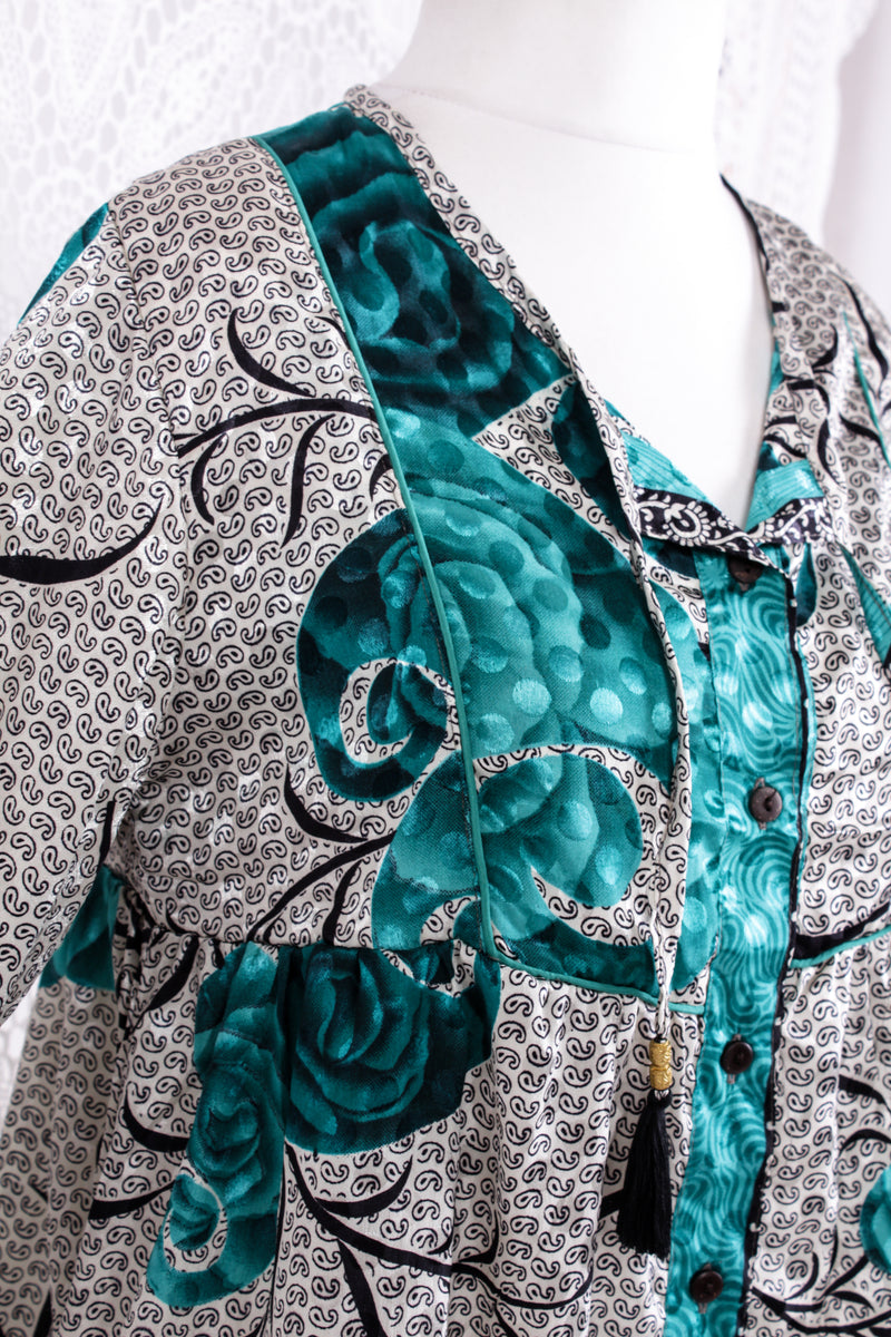 Jude Tunic Top - Vintage Indian Sari - White Teal & Jet Roses (S/M)