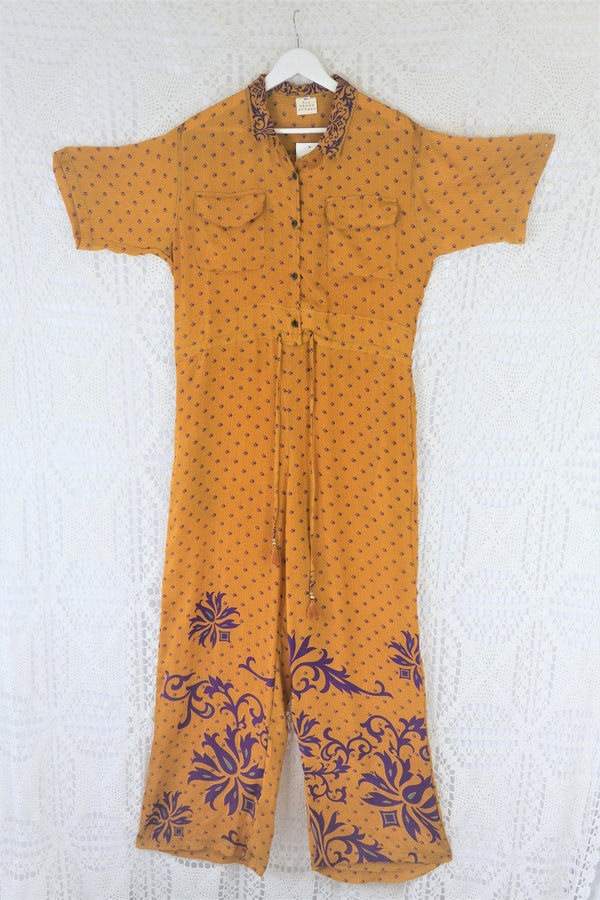 Billie Jumpsuit - Vintage Indian Sari - Golden Sunset & Violet Graphic Print - M/L