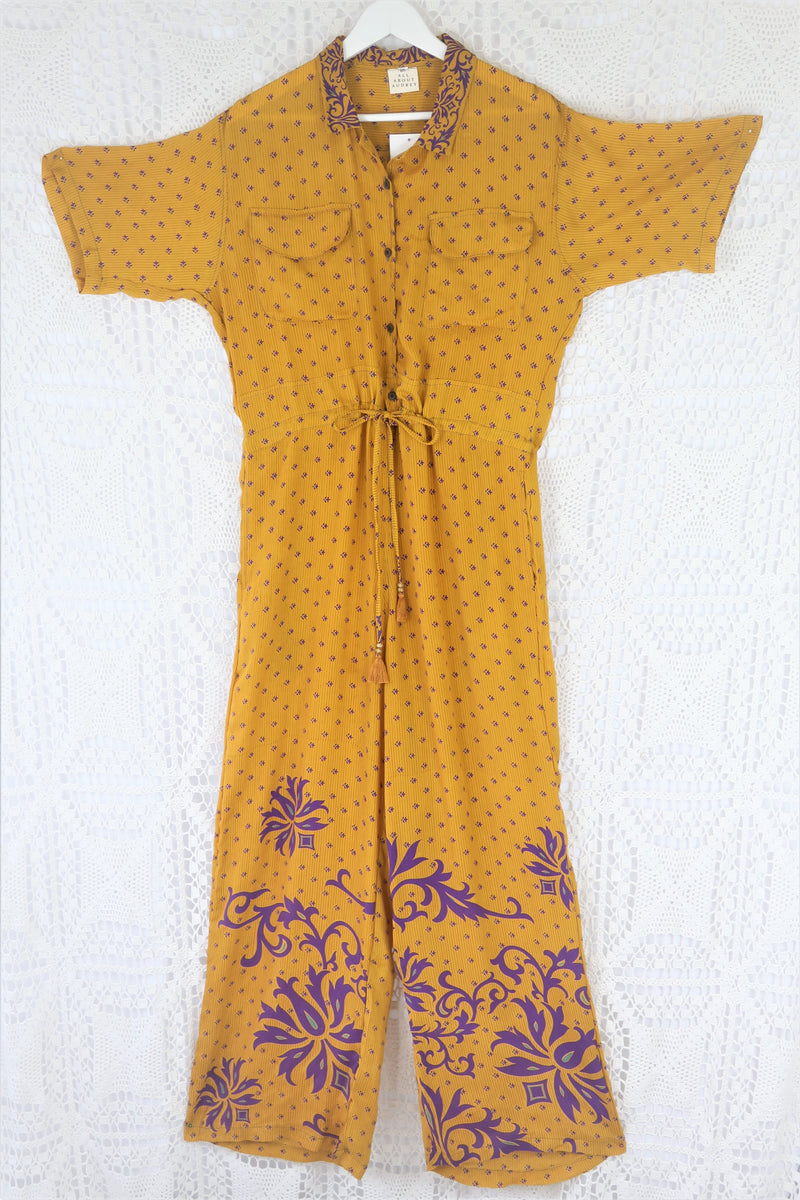 Billie Jumpsuit - Vintage Indian Sari - Golden Sunset & Violet Graphic Print - M/L