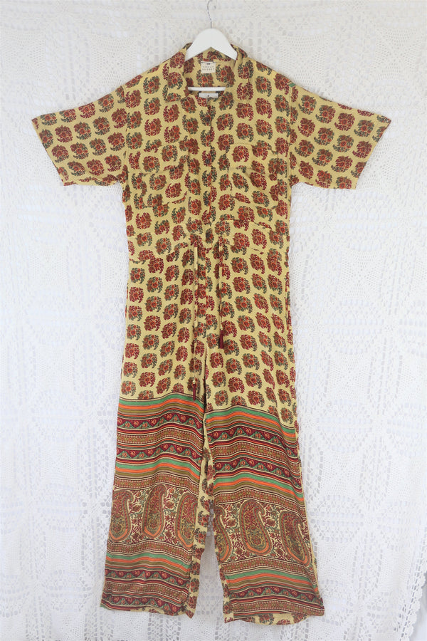 Billie Jumpsuit - Vintage Indian Sari - Pistachio with Autumn Tone Florals - S/M