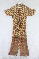 Billie Jumpsuit - Vintage Indian Sari - Pistachio with Autumn Tone Florals - S/M