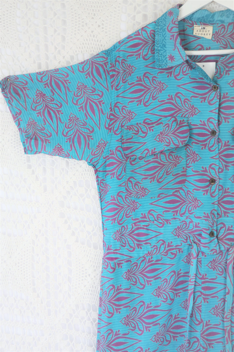 Billie Jumpsuit - Vintage Indian Sari - Sky Blue & Mauve Block Graphic Print - S/M