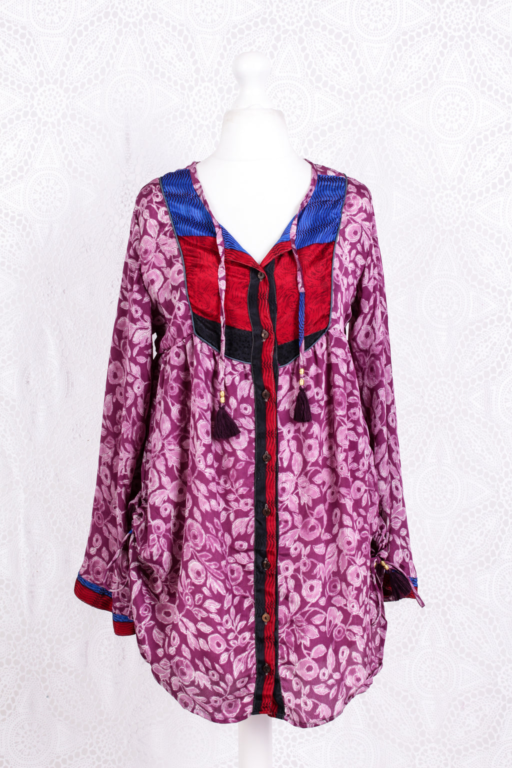 Jude Tunic Top - Vintage Indian Sari - Mauve Magenta Floral (S/M)
