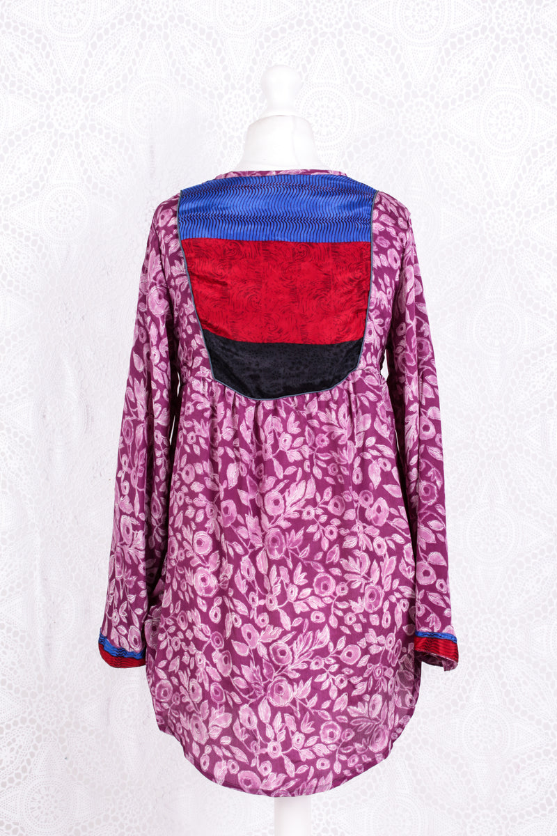 Jude Tunic Top - Vintage Indian Sari - Mauve Magenta Floral (S/M)