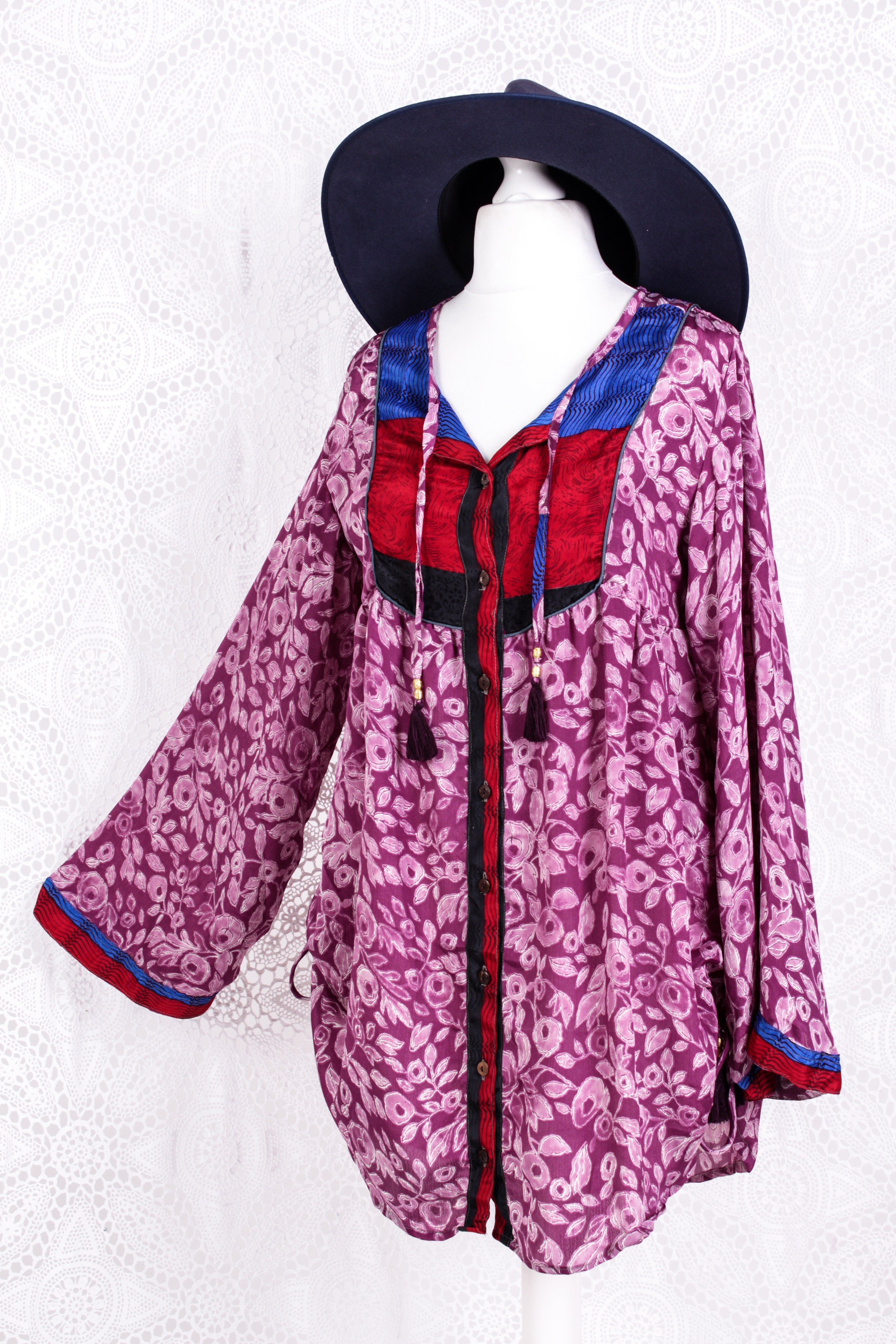 Jude Tunic Top - Vintage Indian Sari - Mauve Magenta Floral (S/M)