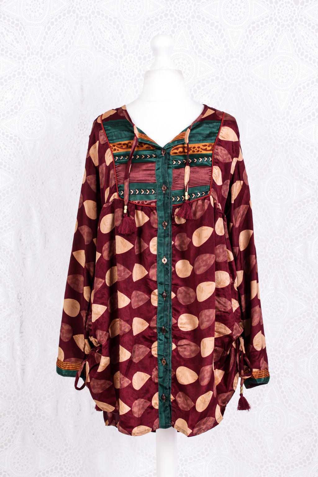 Jude Tunic Top - Vintage Indian Sari - Mahogany Teardrops (S/M)