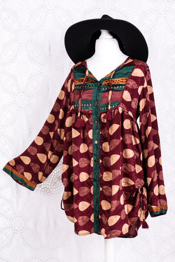 Jude Tunic Top - Vintage Indian Sari - Mahogany Teardrops (S/M)