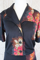 Vintage Mini Dress - Pitch Black with Pink Floral - Size XS/S