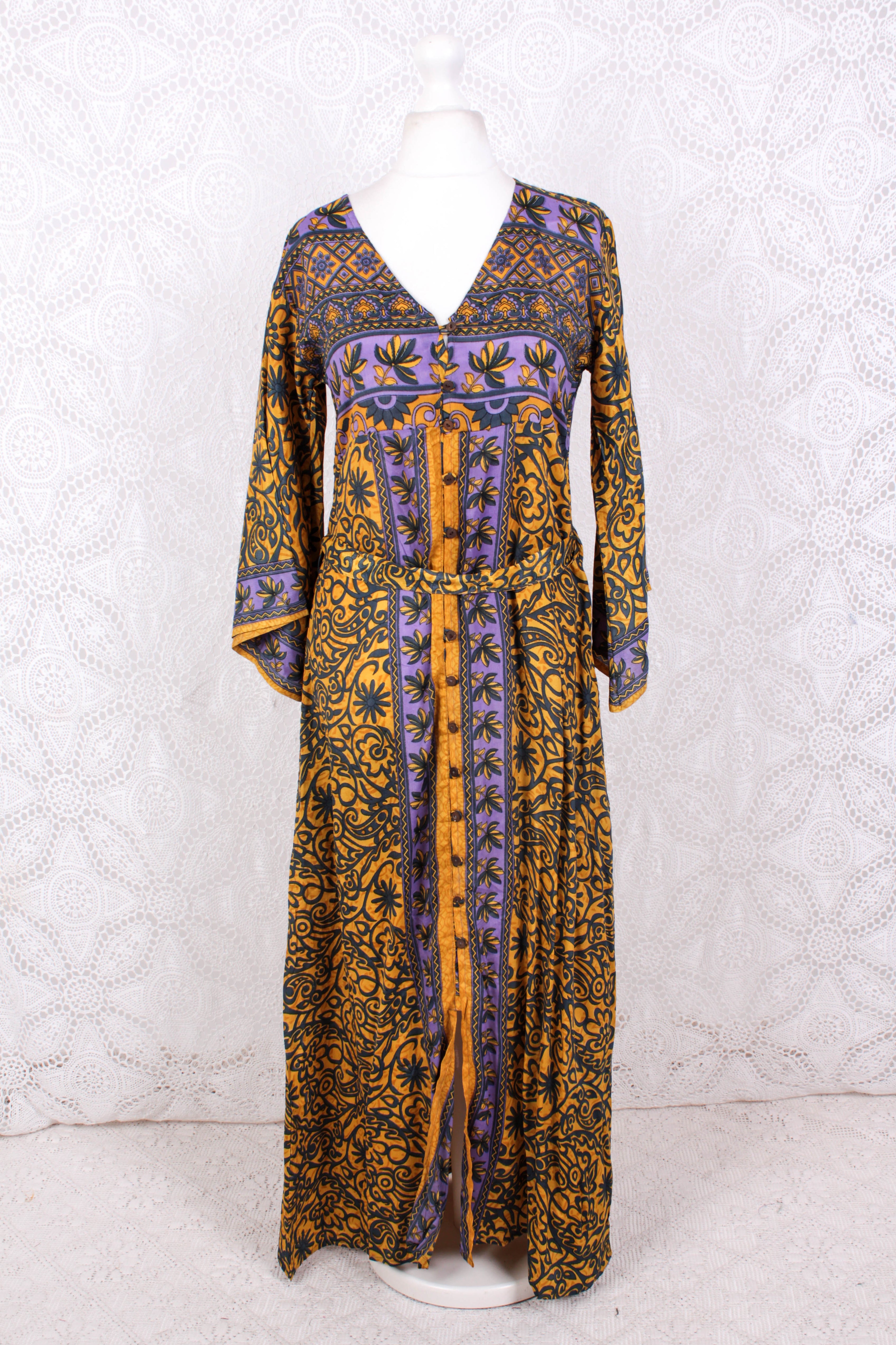 Jasmine Maxi Dress - Lemon & Lavender Flora Nouveau Vintage Sari - Siz All About Audrey Vintage Boutique Jasmine Maxi Dress - Lemon & Lavender Flora Nouveau Vintage Sari - Siz All About Audrey Vintage Boutique