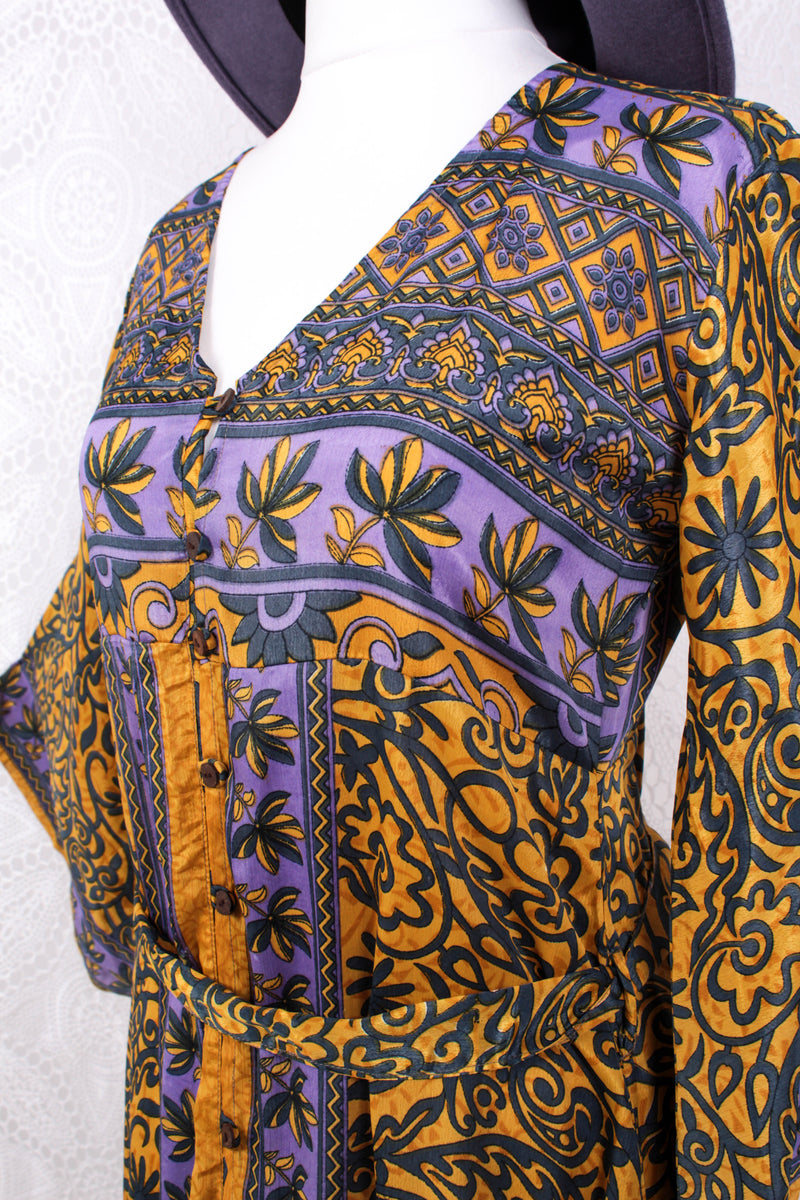 Jasmine Maxi Dress - Lemon & Lavender Flora Nouveau Vintage Sari - Size S/M