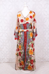 Jasmine Maxi Dress - Cherry, Prussian, & Mustard Floral Vintage Sari - Size S/M