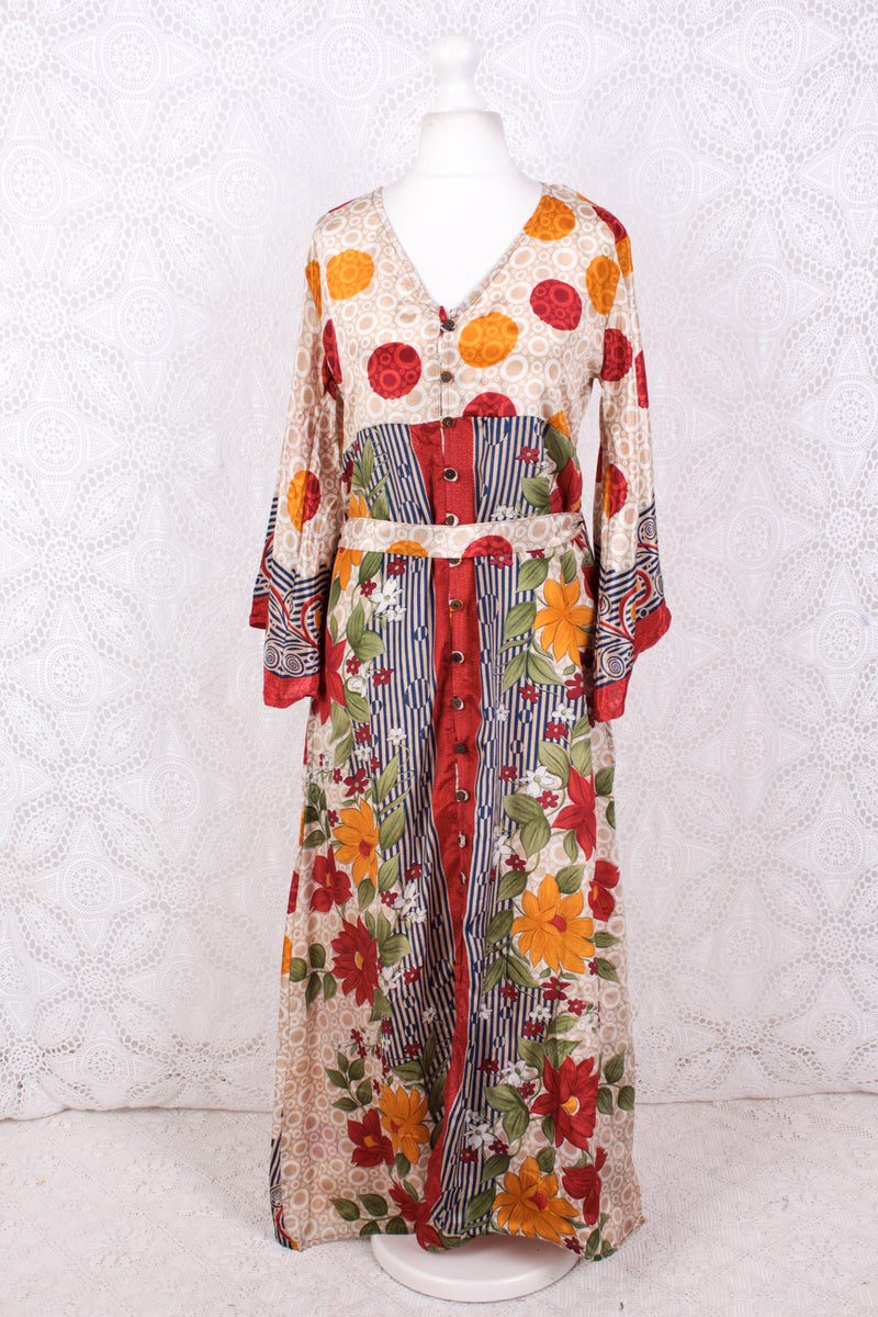 Jasmine Maxi Dress - Cherry, Prussian, & Mustard Floral Vintage Sari - Size S/M