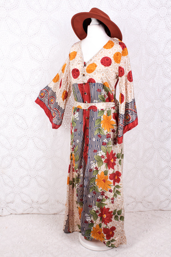 Jasmine Maxi Dress - Cherry, Prussian, & Mustard Floral Vintage Sari - Size S/M