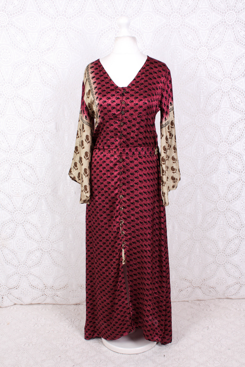 Jasmine Maxi Dress- Sangria, Gold & Ivory Shimmery Fleur De Lis Vintage Sari - Size S/M