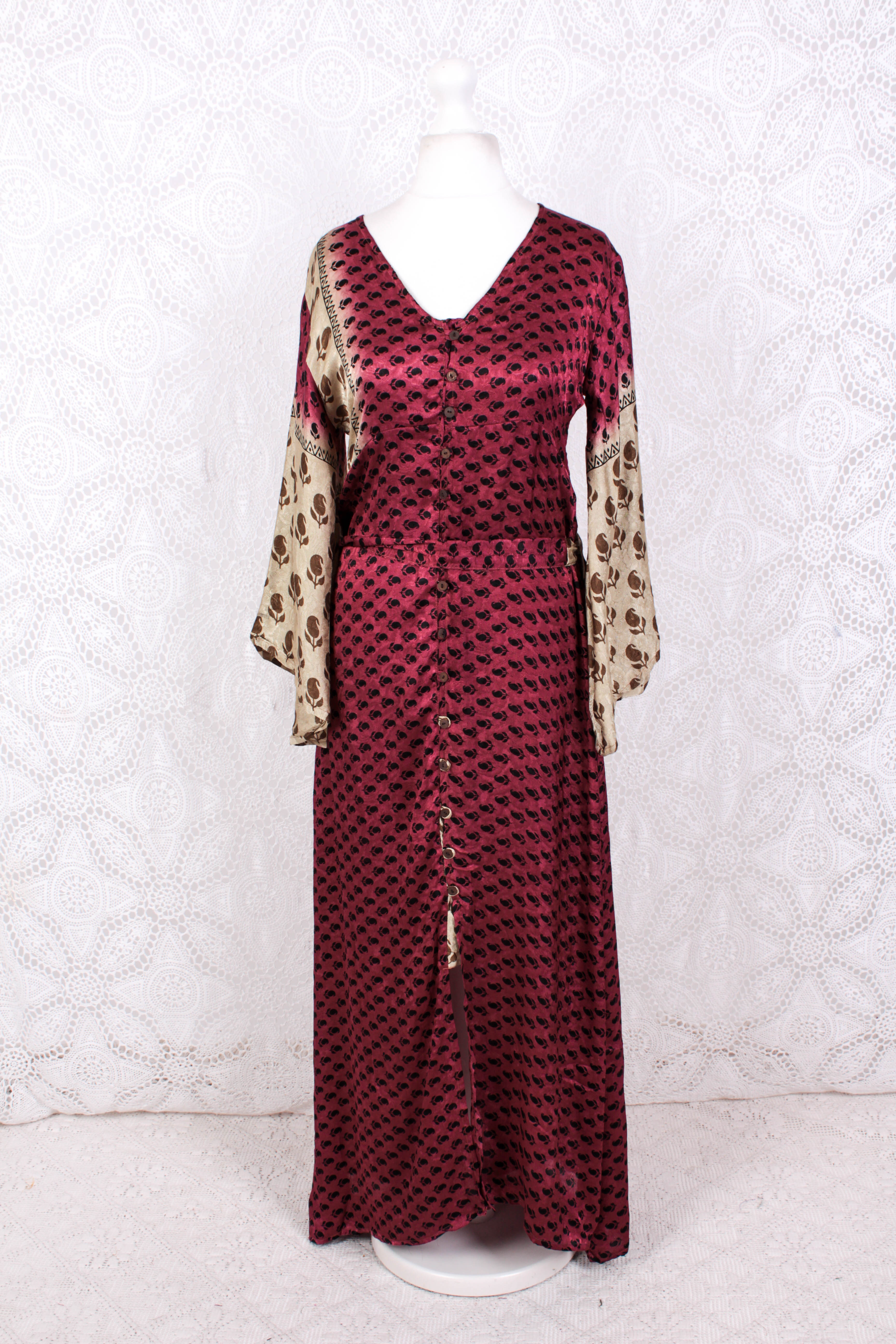Jasmine Maxi Dress- Sangria, Gold & Ivory Shimmery Fleur De Lis Vintage Sari - Size S/M