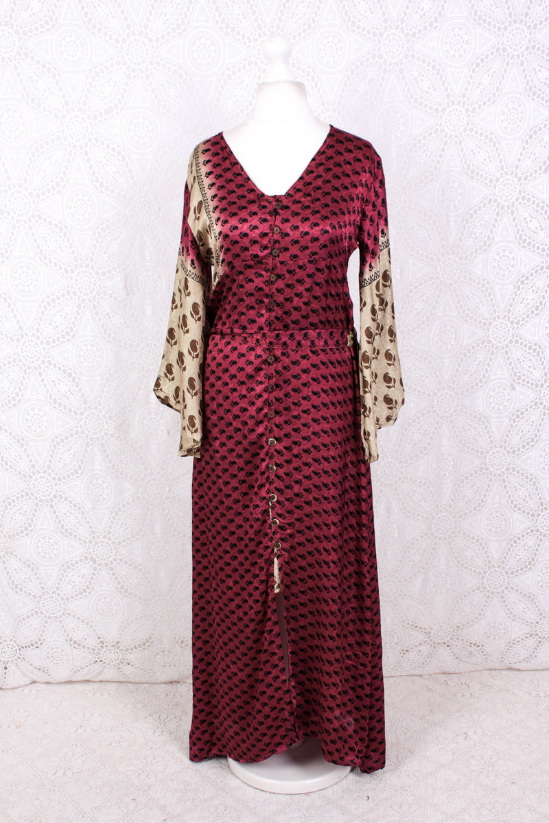 Jasmine Maxi Dress- Sangria, Gold & Ivory Shimmery Fleur De Lis Vintage Sari - Size S/M