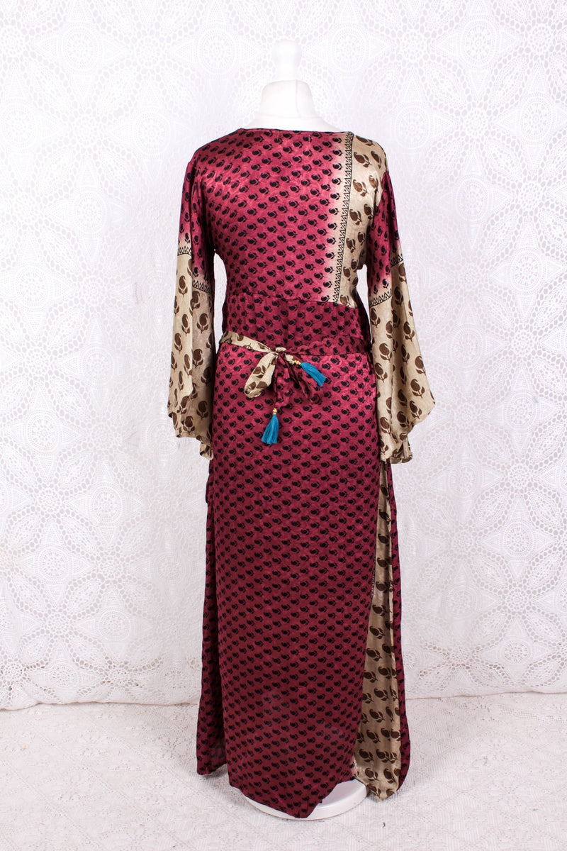 Jasmine Maxi Dress- Sangria, Gold & Ivory Shimmery Fleur De Lis Vintage Sari - Size S/M