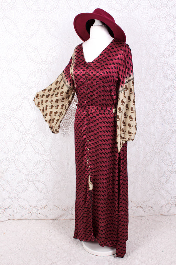 Jasmine Maxi Dress- Sangria, Gold & Ivory Shimmery Fleur De Lis Vintage Sari - Size S/M