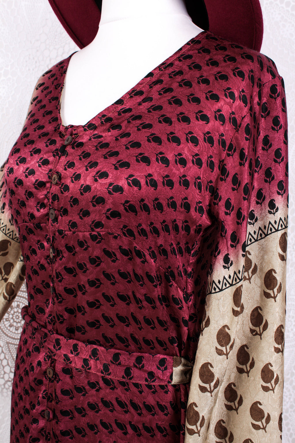Jasmine Maxi Dress- Sangria, Gold & Ivory Shimmery Fleur De Lis Vintage Sari - Size S/M
