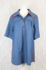 Vintage Tunic Top - Indigo Linen with Red Accents - Size L