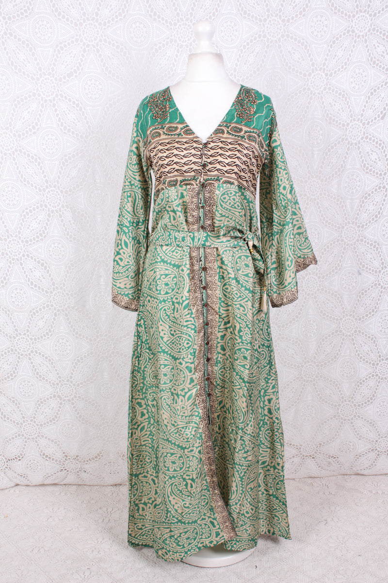 Jasmine Maxi Dress - Peppermint & Ivory Paisley Vintage Sari - Size S/M