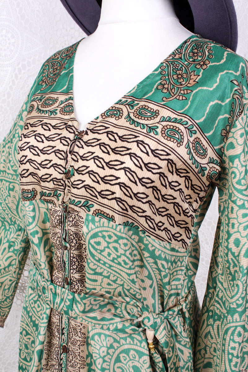 Jasmine Maxi Dress - Peppermint & Ivory Paisley Vintage Sari - Size S/M