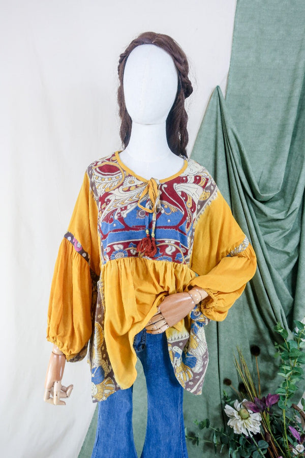Daisy Boho Top - Mustard Yellow Peacock Floral - Vintage Indian Cotton - Size S/M by all about audrey