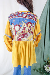 Daisy Boho Top - Mustard Yellow Peacock Floral - Vintage Indian Cotton - Size S/M by all about audrey