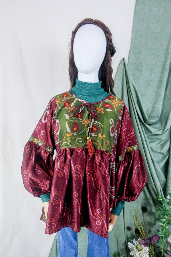Daisy Boho Top - Dark Cherry Red & Juniper Green Paisley - Vintage Indian Cotton - Size S/M by all about audrey