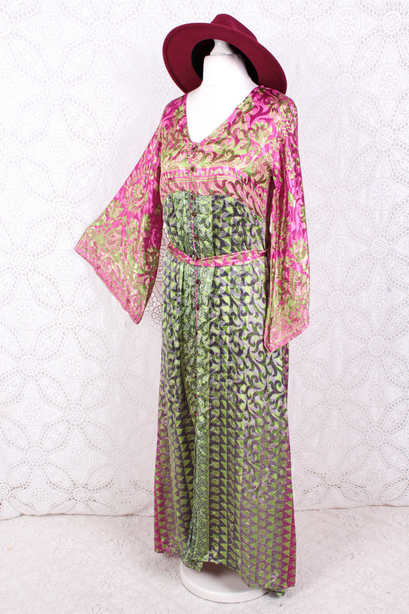 Jasmine Maxi Dress - Pink & Lime Shimmer Vintage Sari - Size S/M