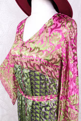 Jasmine Maxi Dress - Pink & Lime Shimmer Vintage Sari - Size S/M