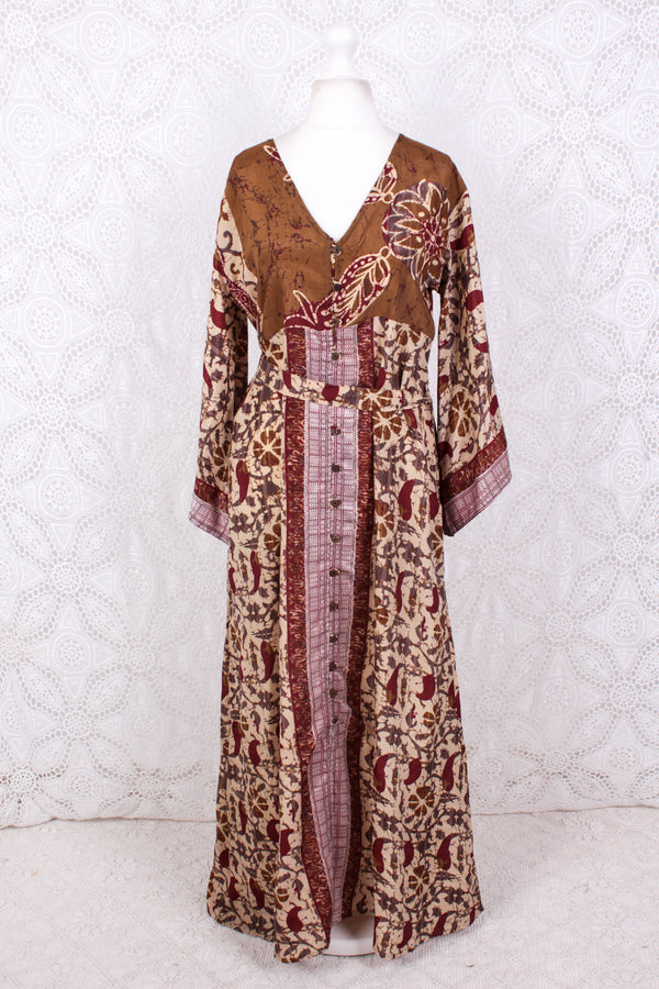 Jasmine Maxi Dress - Umber, Russet & Sandstone Bold Floral Vintage Sari - Size M/L