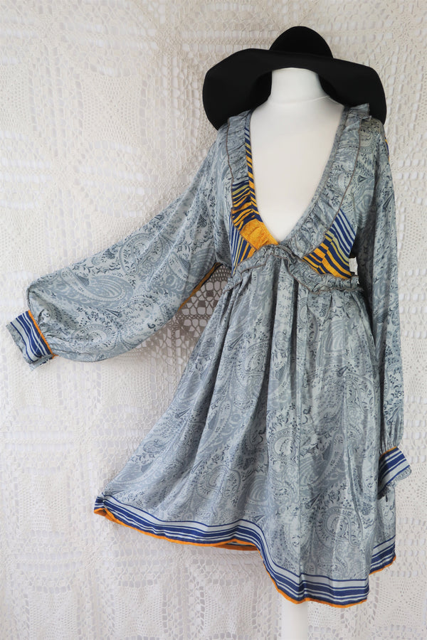 Joplin Frill Dress - Vintage Indian Sari - Mist, Prussian & Lemon Fleur De Lis - M/L