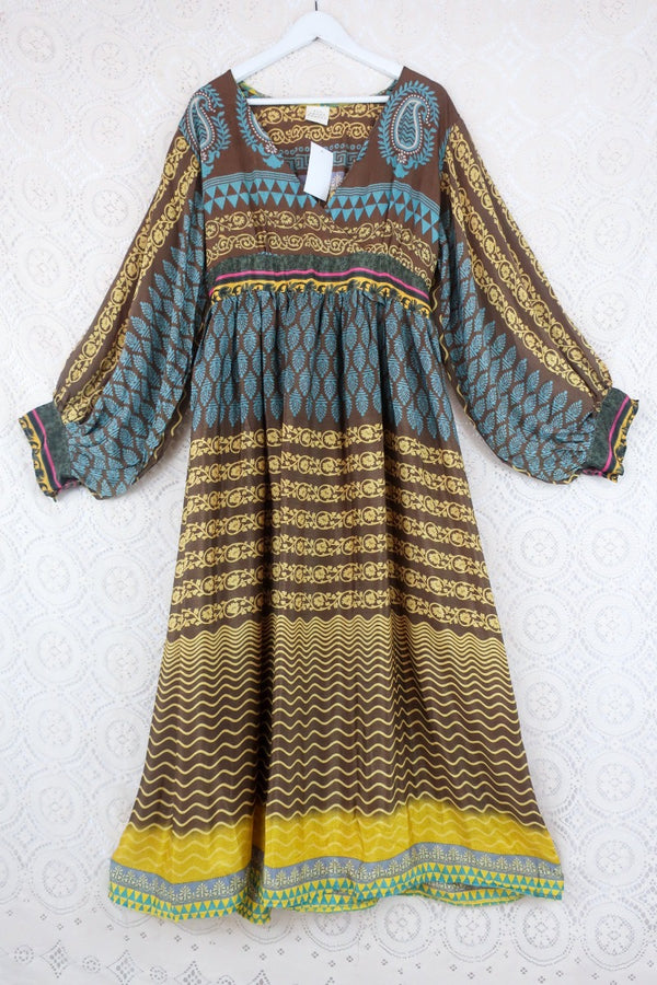 Rosemary Maxi Dress -Vintage Indian Sari - Cedar, Sun & Sky Graphic Print - Size L by all about audrey