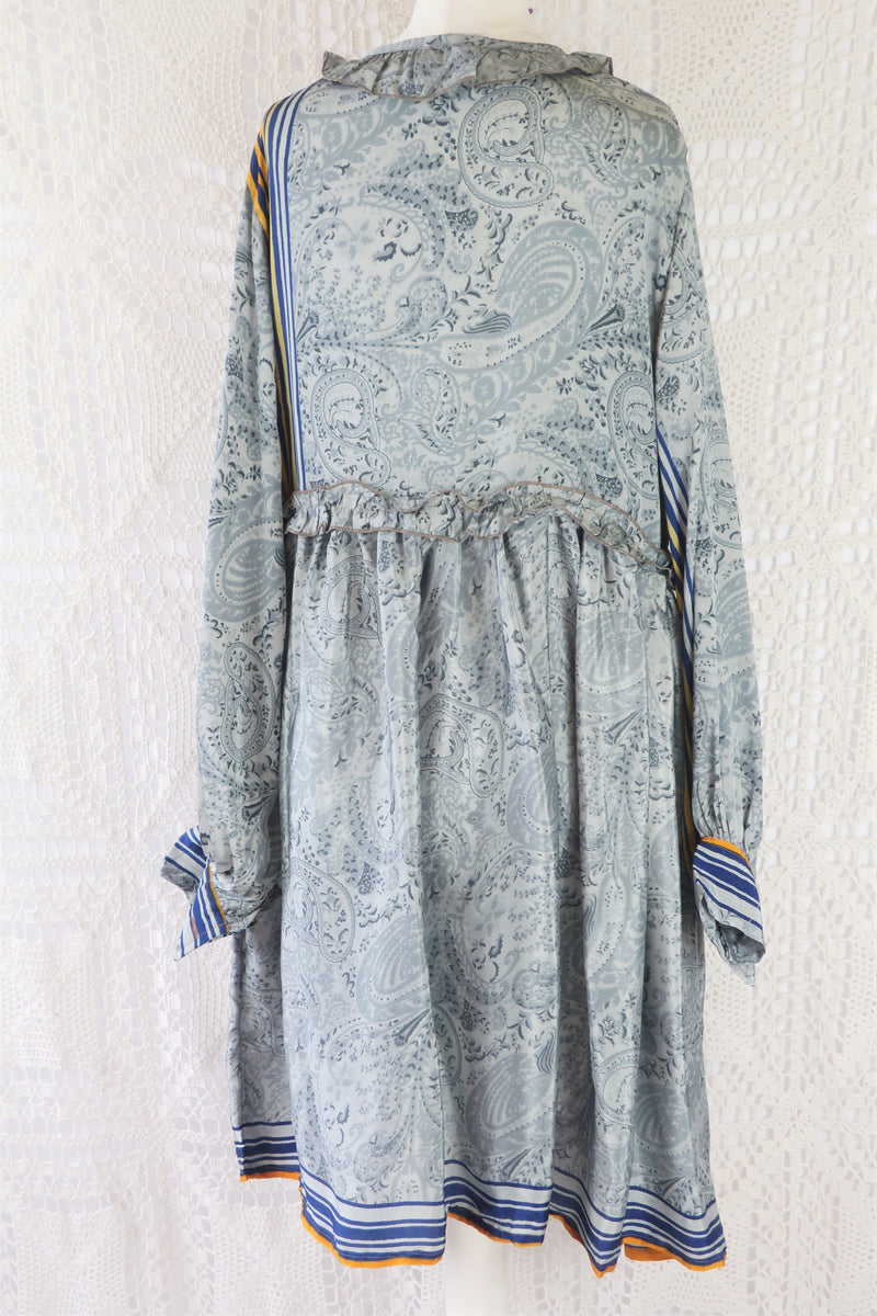 Joplin Frill Dress - Vintage Indian Sari - Mist, Prussian & Lemon Fleur De Lis - M/L
