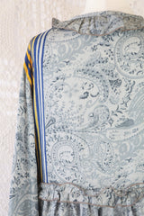 Joplin Frill Dress - Vintage Indian Sari - Mist, Prussian & Lemon Fleur De Lis - M/L