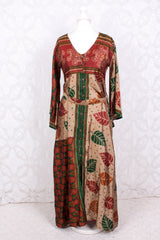 Jasmine Maxi Dress - Forest, Antique Silver & Terracotta Leaf Vintage Sari - Size S/M