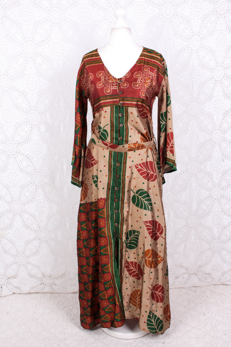 Jasmine Maxi Dress - Forest, Antique Silver & Terracotta Leaf Vintage Sari - Size S/M