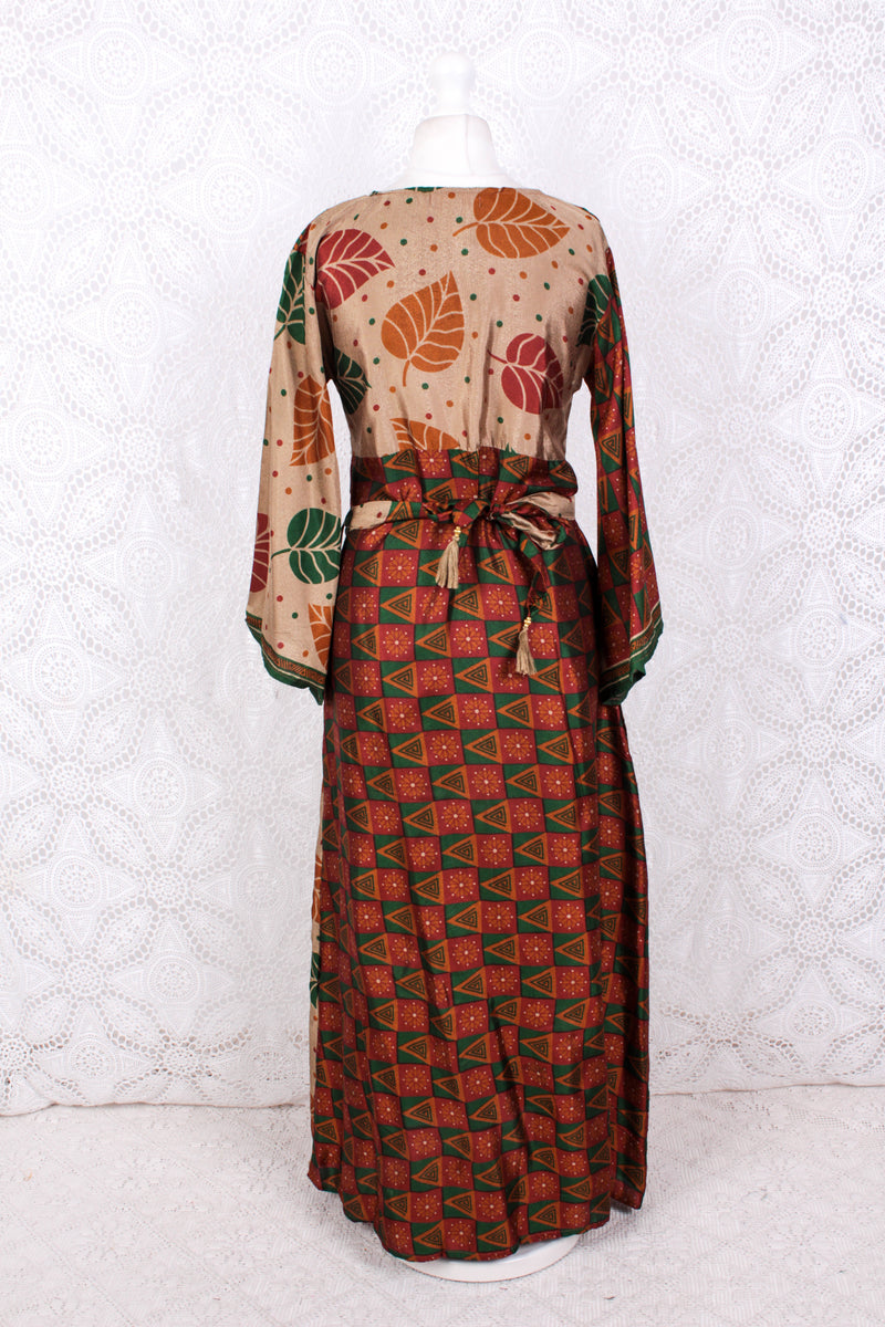 Jasmine Maxi Dress - Forest, Antique Silver & Terracotta Leaf Vintage Sari - Size S/M