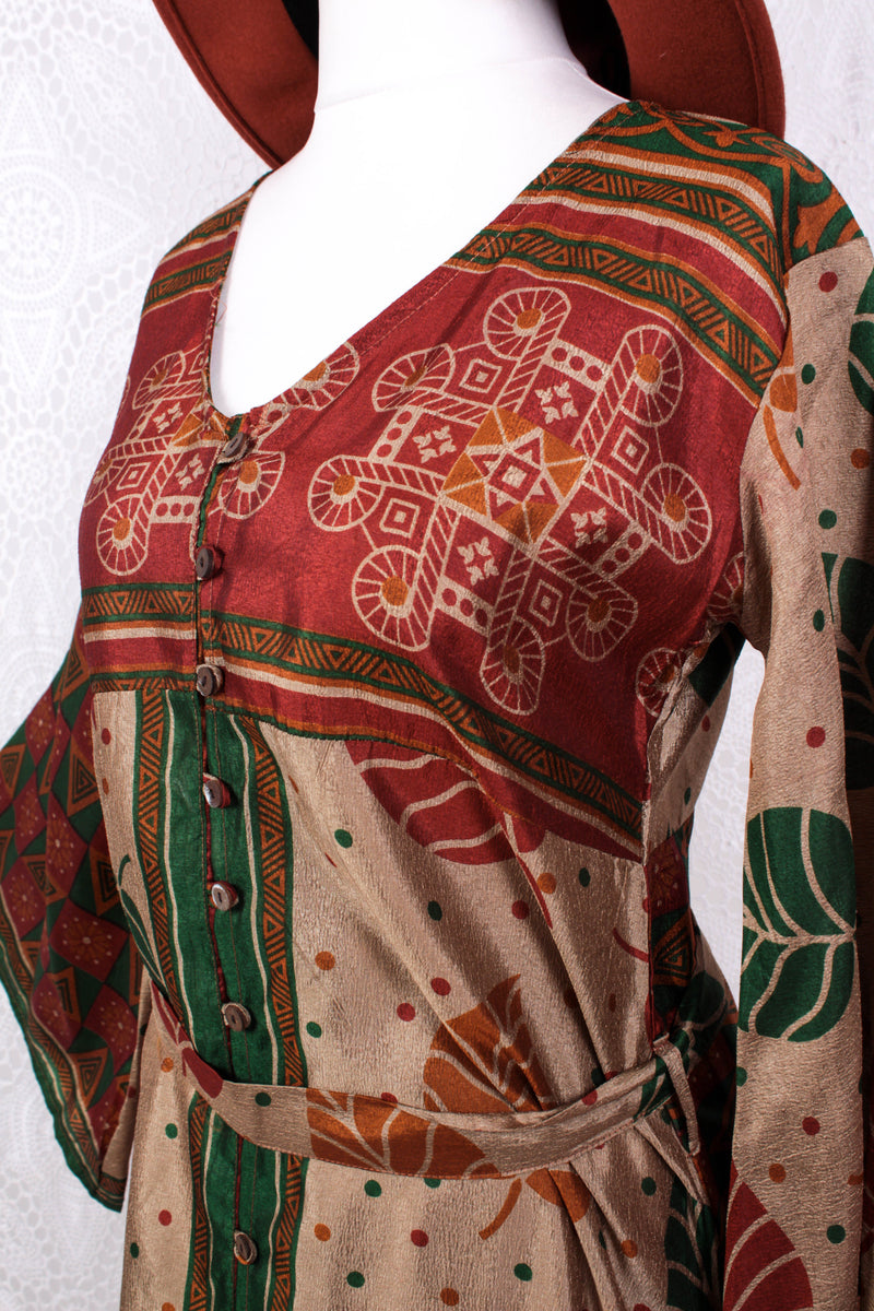 Jasmine Maxi Dress - Forest, Antique Silver & Terracotta Leaf Vintage Sari - Size S/M