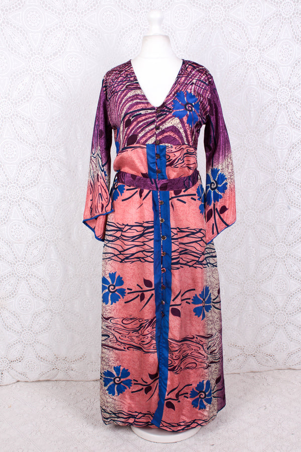 Jasmine Maxi Dress - Plum, Salmon & Azure Floral Ripple Vintage Sari - Size S/M