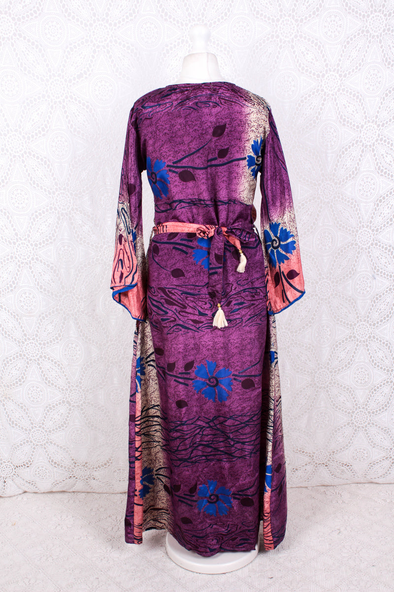 Jasmine Maxi Dress - Plum, Salmon & Azure Floral Ripple Vintage Sari - Size S/M