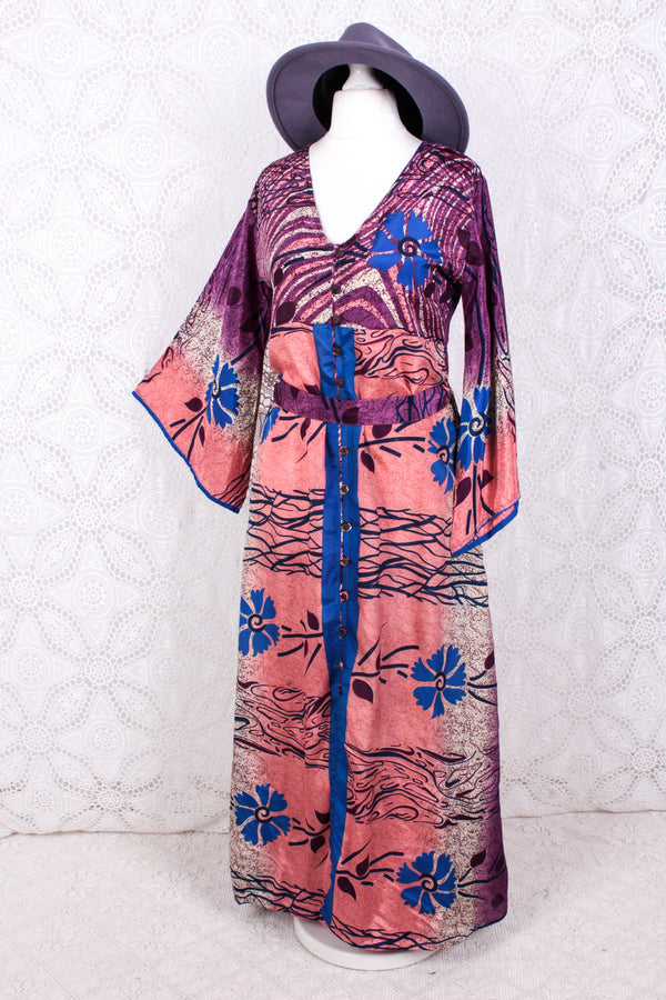 Jasmine Maxi Dress - Plum, Salmon & Azure Floral Ripple Vintage Sari - Size S/M