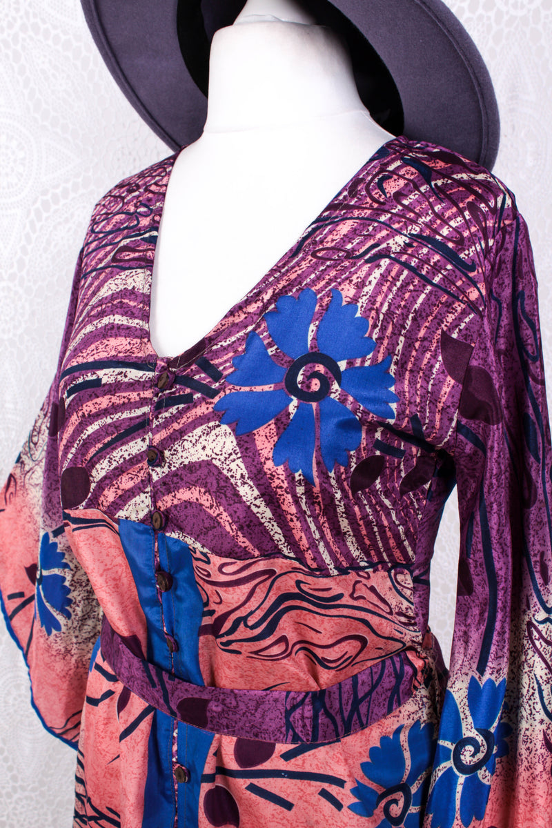 Jasmine Maxi Dress - Plum, Salmon & Azure Floral Ripple Vintage Sari - Size S/M