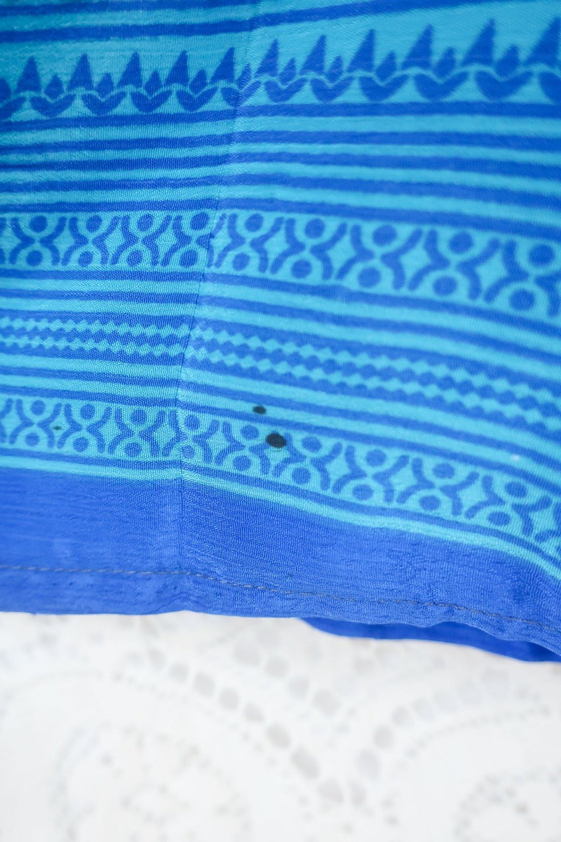 Rosemary Maxi Dress -Vintage Indian Sari - Ocean Blue Abstract Print - Size XXS